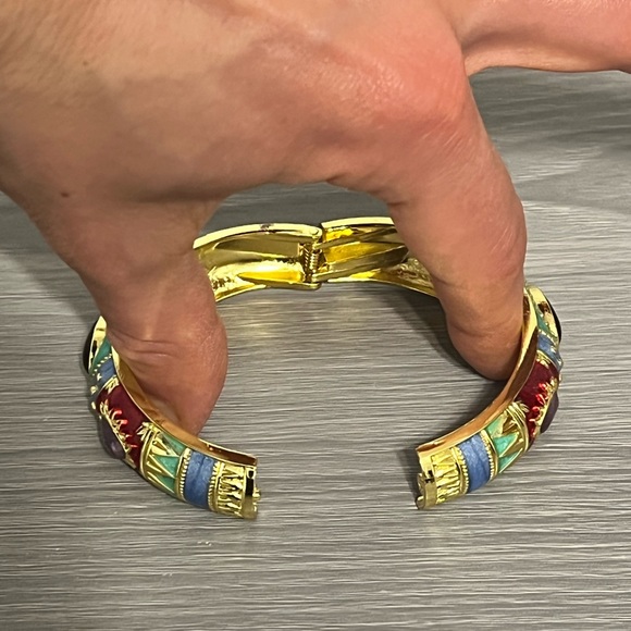 New Gold and Enamel Hinged Bangle Bracelet with Boho Design and Gemstones - Picture 5 of 6